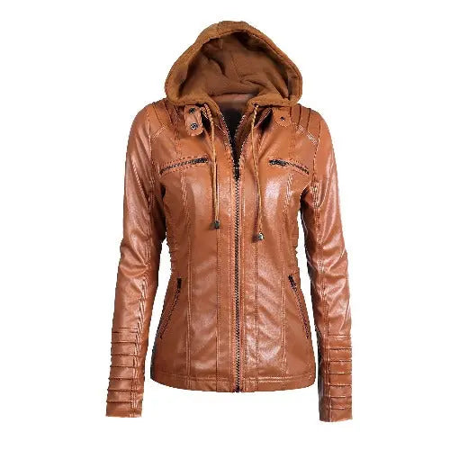 Hooded Faux Leather Jacket Slim Motorcycle Hat Detachable Plus Size 5xl Pu Leather Coat - JUPITER BMY LTD