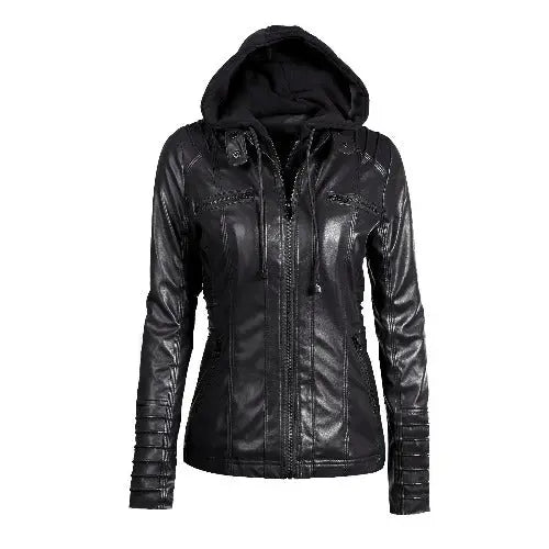 Hooded Faux Leather Jacket Slim Motorcycle Hat Detachable Plus Size 5xl Pu Leather Coat - JUPITER BMY LTD