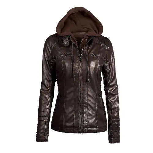 Hooded Faux Leather Jacket Slim Motorcycle Hat Detachable Plus Size 5xl Pu Leather Coat - JUPITER BMY LTD