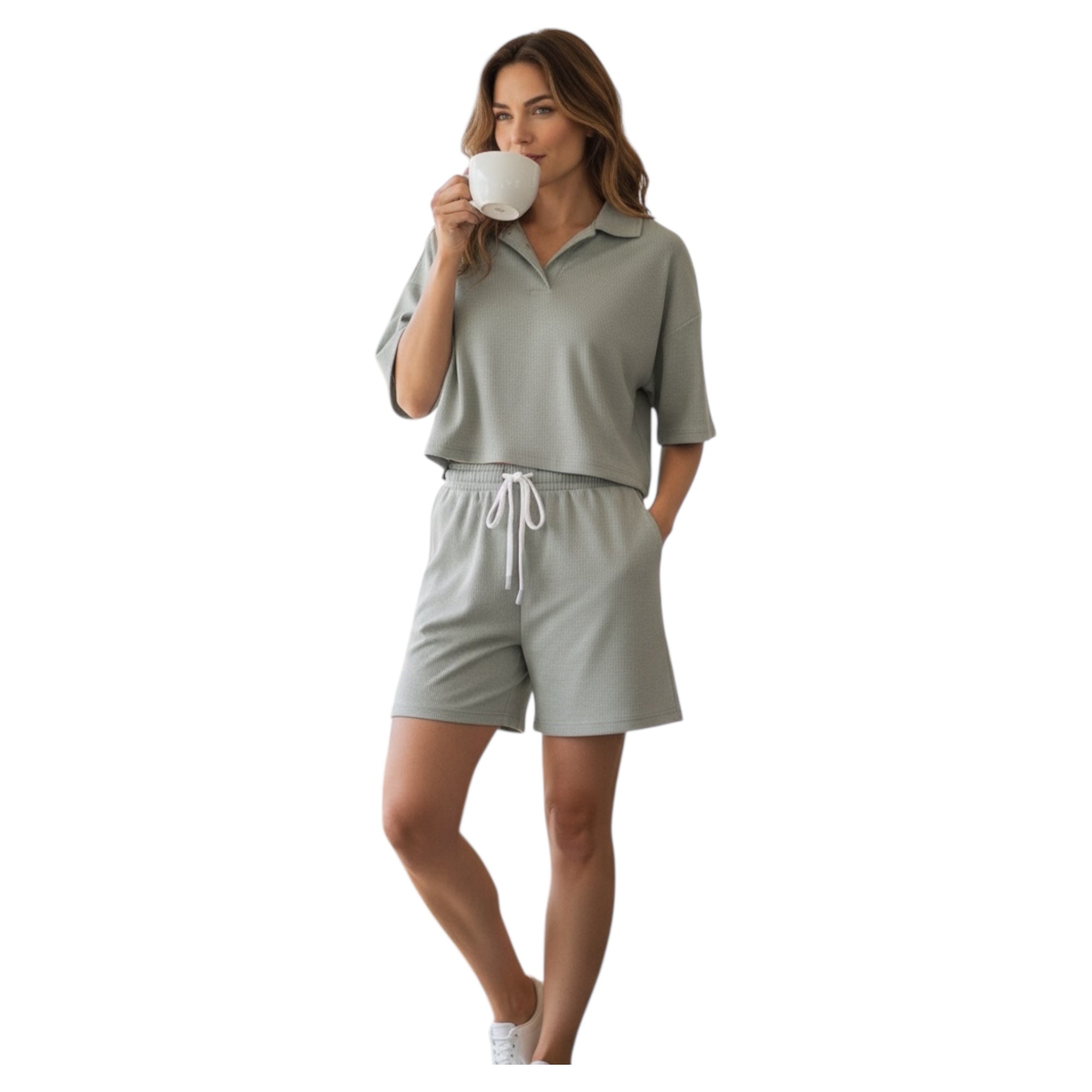 Jupiter Bmy Ltd Unisex V-Neck Polo T-Shirt & Shorts Set – Waffle Cloth – Regular Fit – Fresh Style