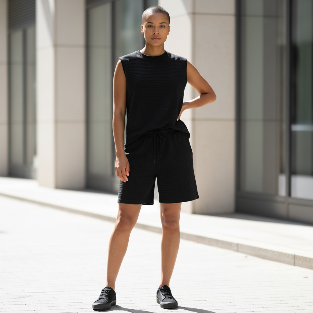 Jupiter Bmy Ltd Unisex Sleeveless Top and Shorts Set – Loose Fit Checked Embroidered Set
