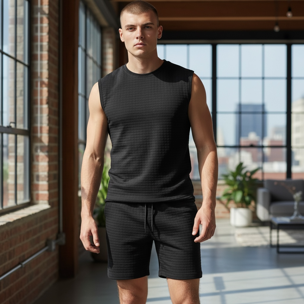 Jupiter Bmy Ltd Unisex Sleeveless Top and Shorts Set – Loose Fit Checked Embroidered Set