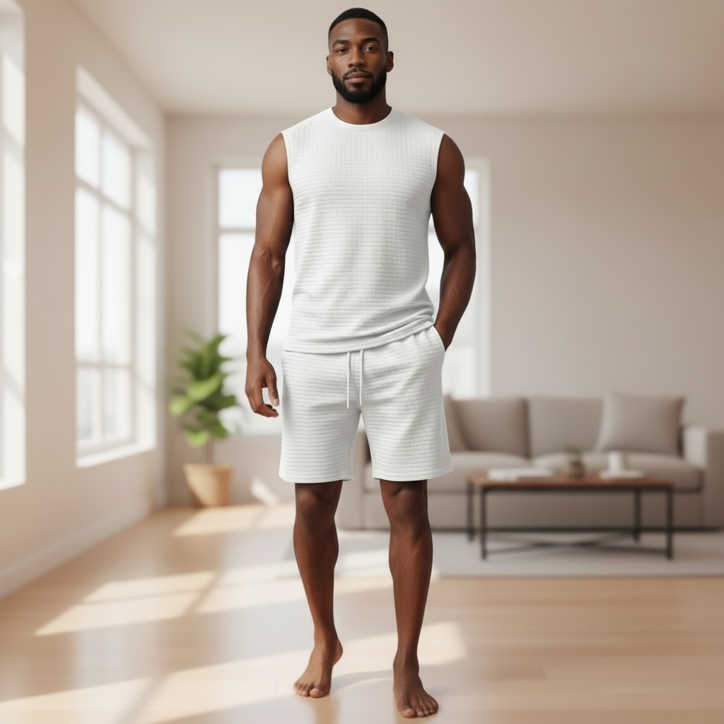 Jupiter Bmy Ltd Unisex Sleeveless Top and Shorts Set – Loose Fit Checked Embroidered Set