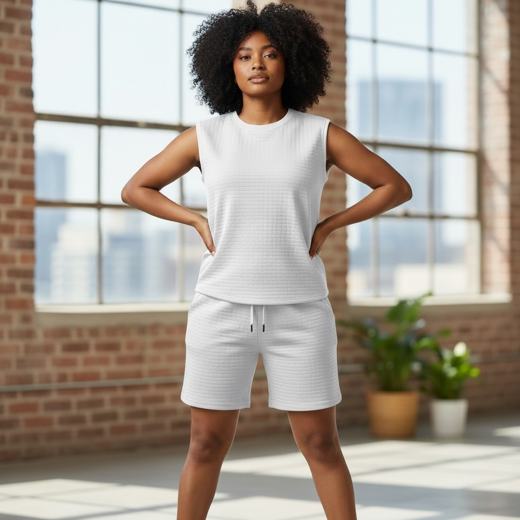Jupiter Bmy Ltd Unisex Sleeveless Top and Shorts Set – Loose Fit Checked Embroidered Set