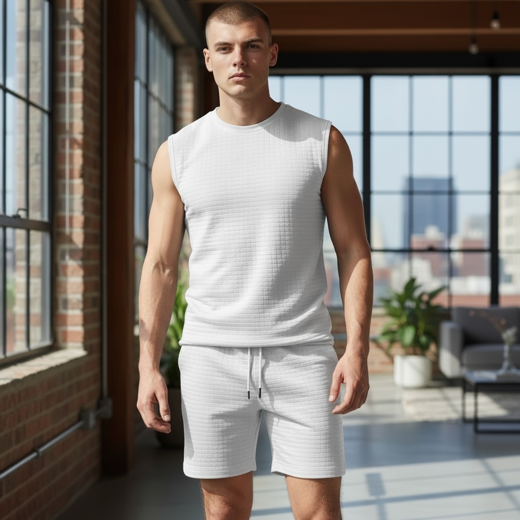 Jupiter Bmy Ltd Unisex Sleeveless Top and Shorts Set – Loose Fit Checked Embroidered Set