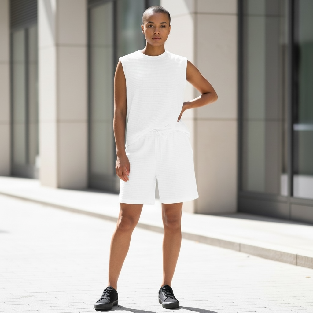 Jupiter Bmy Ltd Unisex Sleeveless Top and Shorts Set – Loose Fit Checked Embroidered Set
