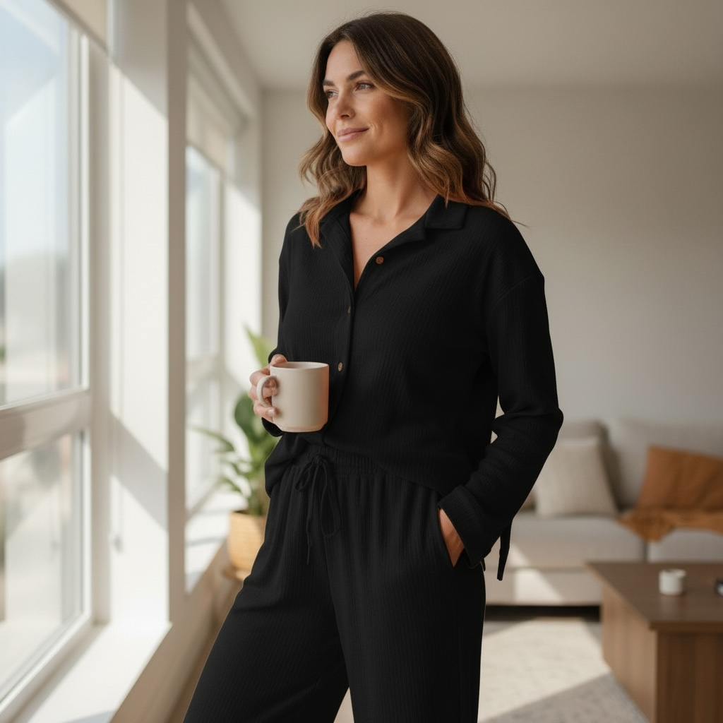 Jupiter Bmy Ltd Unisex Button-Down Top and Pants Set – Soft and lightweight textured, flexible for home and outdoor wear.