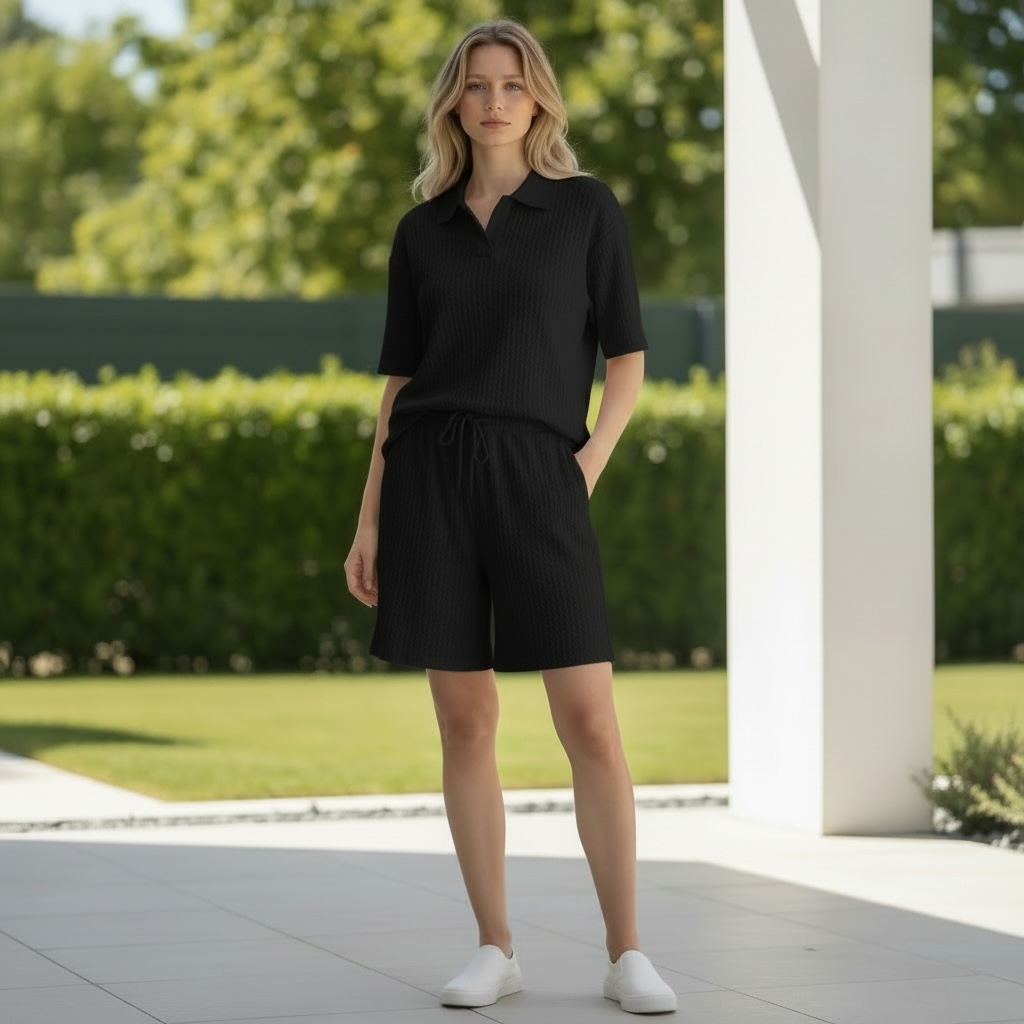 Jupiter Bmy Ltd Unisex V-Neck Polo T-Shirt & Shorts Set – Waffle Cloth – Regular Fit – Fresh Style