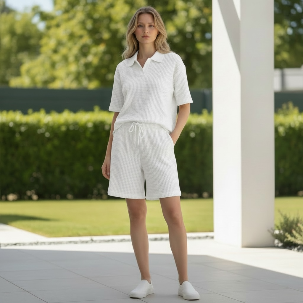 Jupiter Bmy Ltd Unisex V-Neck Polo T-Shirt & Shorts Set – Waffle Cloth – Regular Fit – Fresh Style