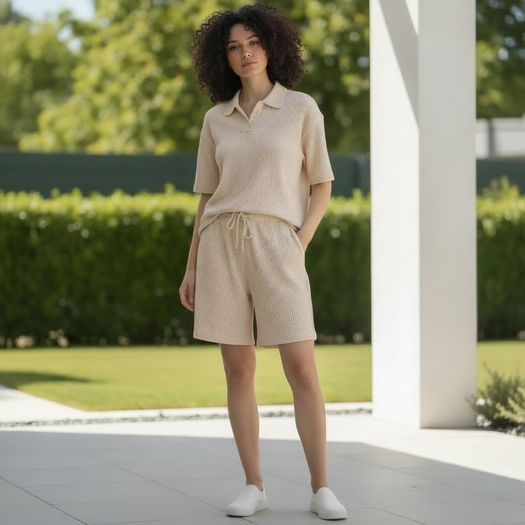 Jupiter Bmy Ltd Unisex V-Neck Polo T-Shirt & Shorts Set – Waffle Cloth – Regular Fit – Fresh Style