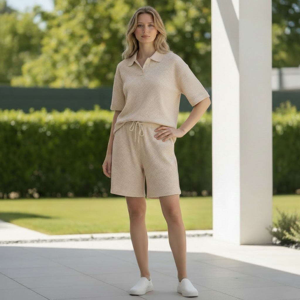 Jupiter Bmy Ltd Unisex V-Neck Polo T-Shirt & Shorts Set – Waffle Cloth – Regular Fit – Fresh Style