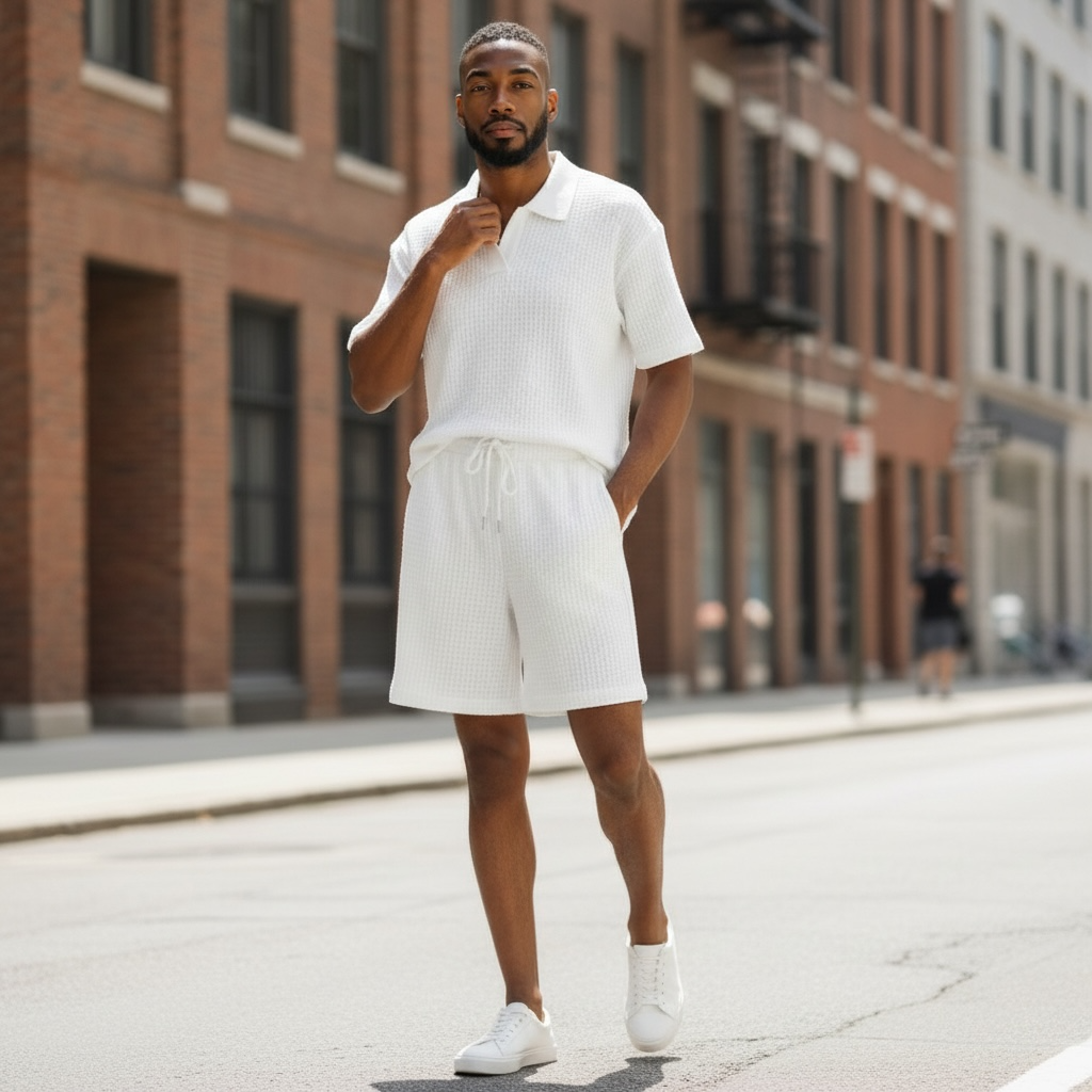 Jupiter Bmy Ltd Unisex V-Neck Polo T-Shirt & Shorts Set – Waffle Cloth – Regular Fit – Fresh Style