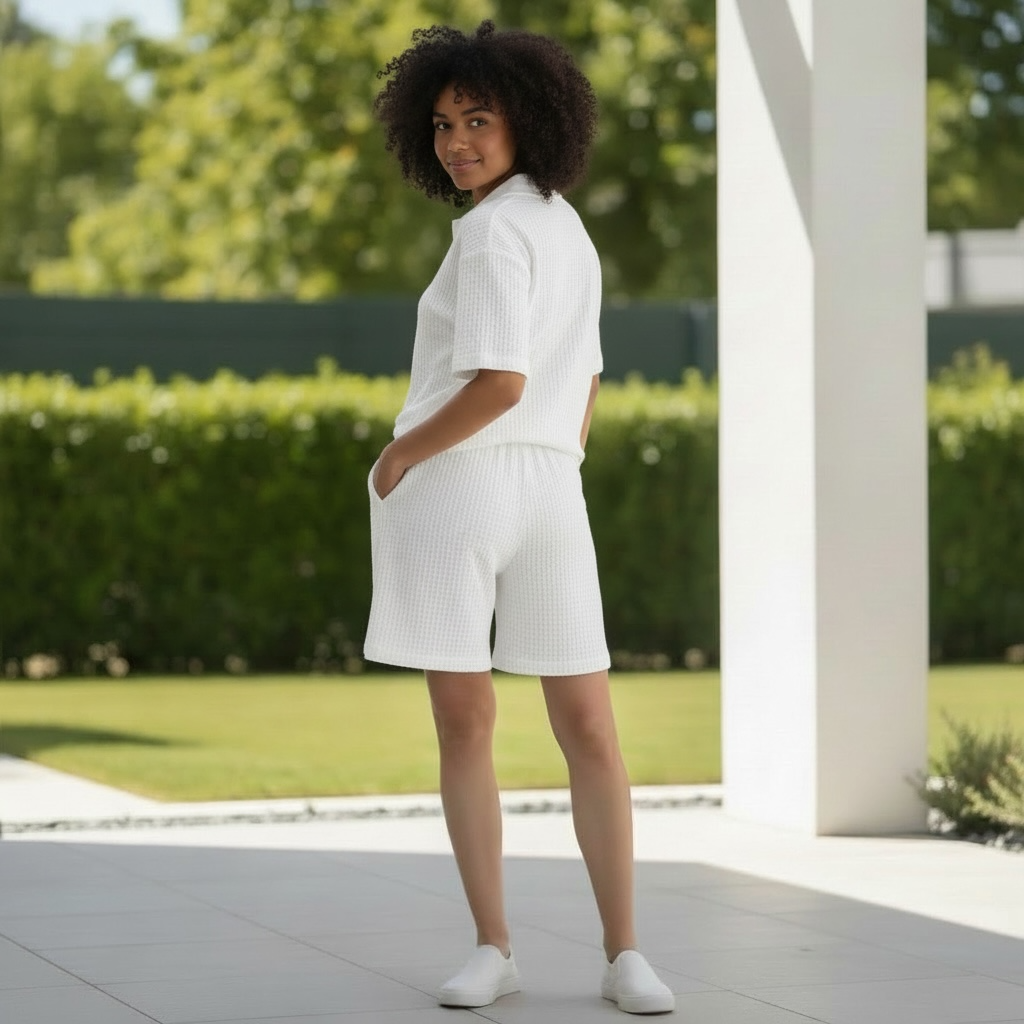 Jupiter Bmy Ltd Unisex V-Neck Polo T-Shirt & Shorts Set – Waffle Cloth – Regular Fit – Fresh Style