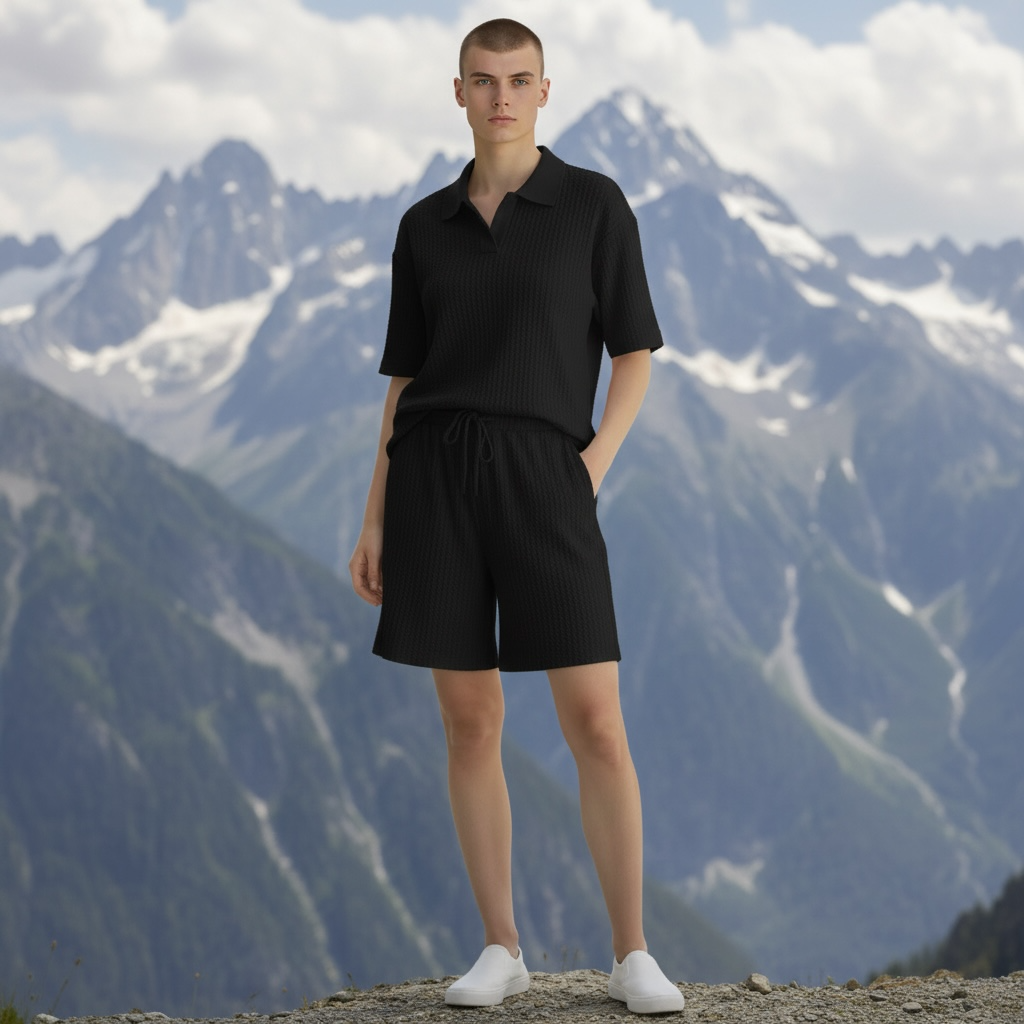 Jupiter Bmy Ltd Unisex V-Neck Polo T-Shirt & Shorts Set – Waffle Cloth – Regular Fit – Fresh Style