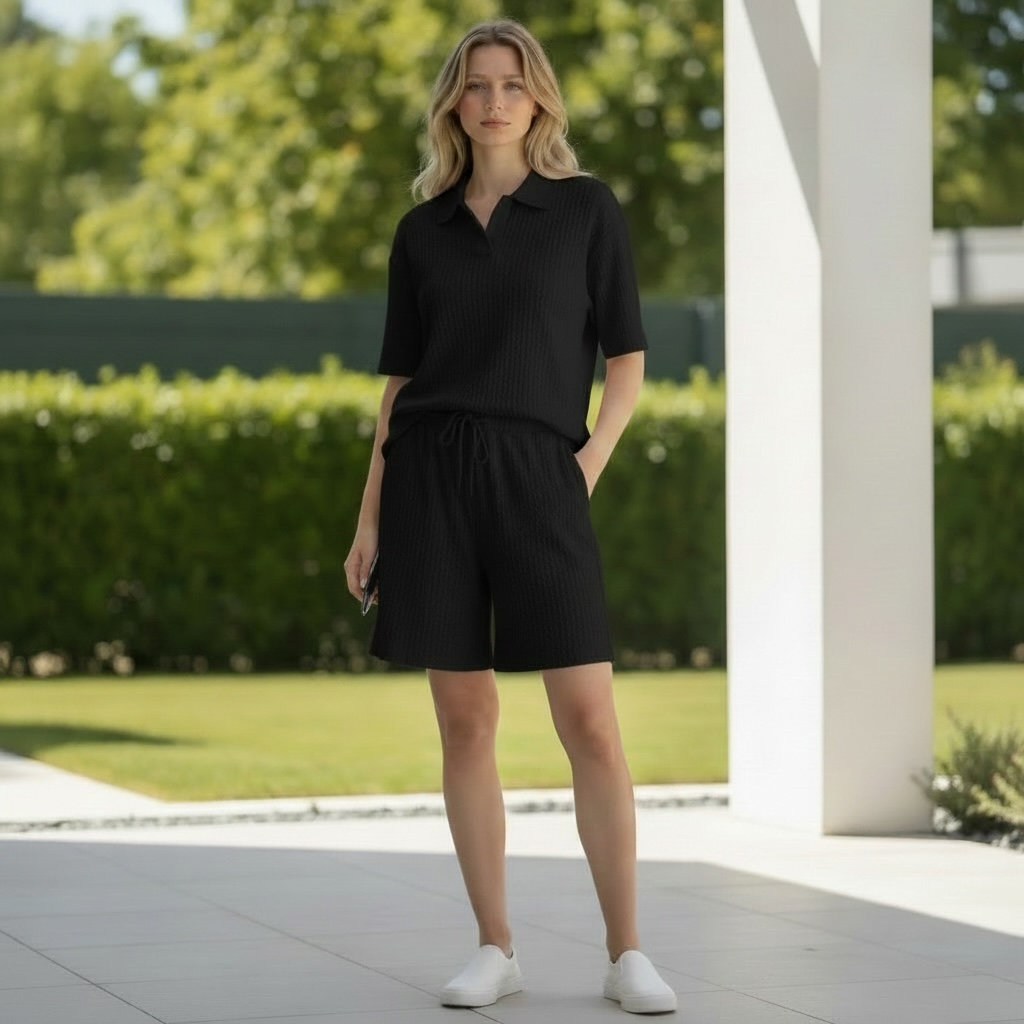 Jupiter Bmy Ltd Unisex V-Neck Polo T-Shirt & Shorts Set – Waffle Cloth – Regular Fit – Fresh Style