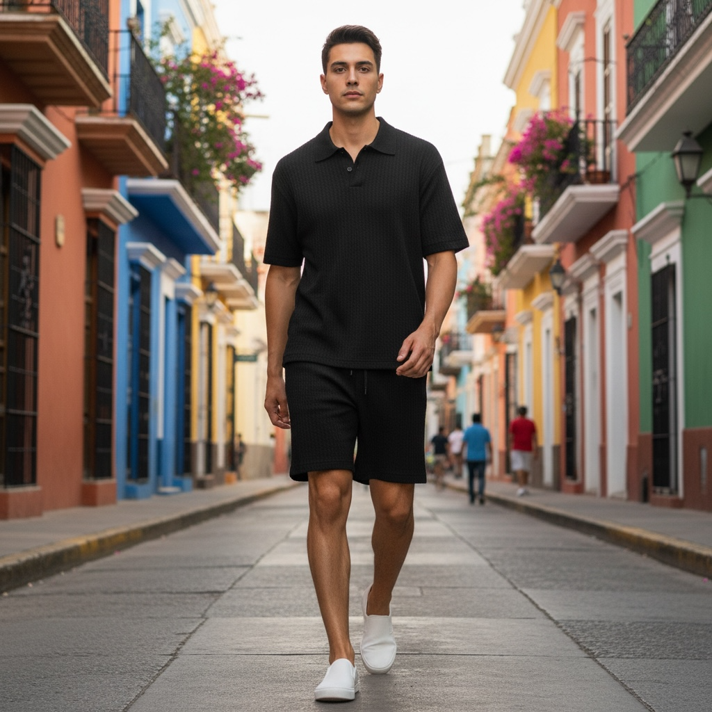 Jupiter Bmy Ltd Unisex V-Neck Polo T-Shirt & Shorts Set – Waffle Cloth – Regular Fit – Fresh Style