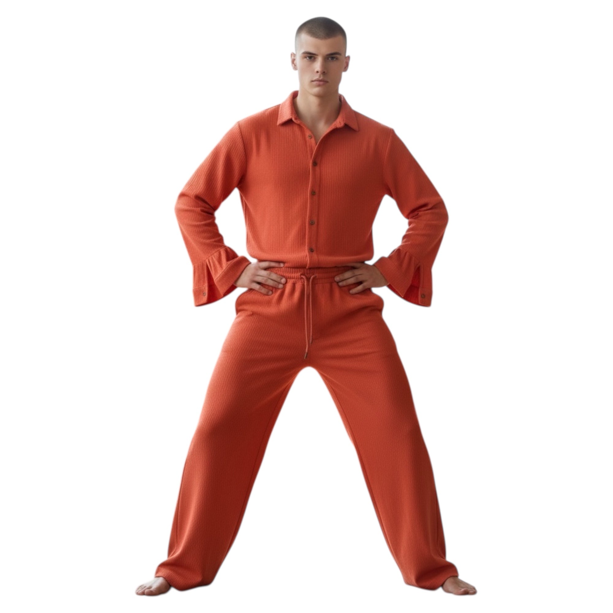 Jupiter Bmy Ltd Unisex Button-Down Top and Pants Set – Soft and lightweight textured, flexible for home and outdoor wear.