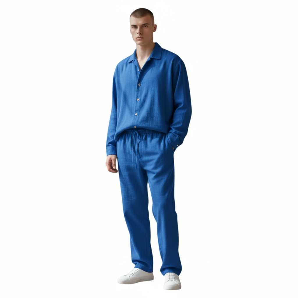 Jupiter Bmy Ltd Unisex Button-Down Top and Pants Set – Soft and lightweight textured, flexible for home and outdoor wear.