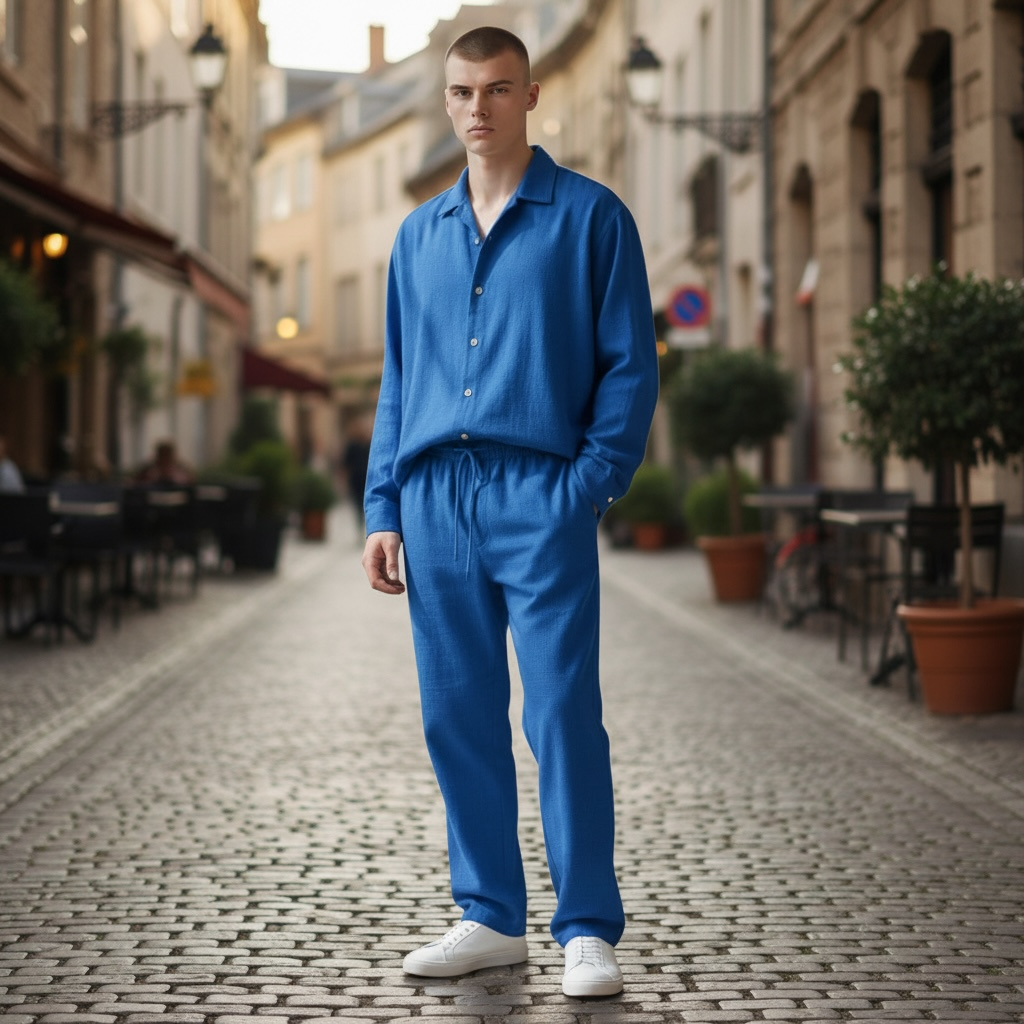 Jupiter Bmy Ltd Unisex Button-Down Top and Pants Set – Soft and lightweight textured, flexible for home and outdoor wear.