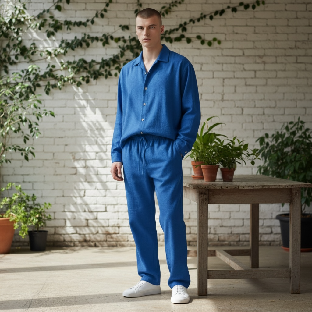 Jupiter Bmy Ltd Unisex Button-Down Top and Pants Set – Soft and lightweight textured, flexible for home and outdoor wear.