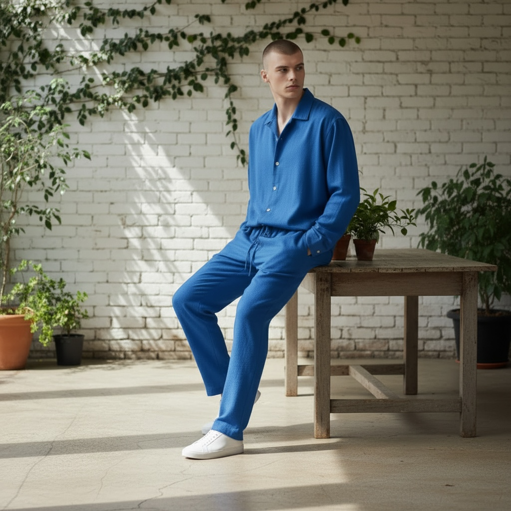 Jupiter Bmy Ltd Unisex Button-Down Top and Pants Set – Soft and lightweight textured, flexible for home and outdoor wear.