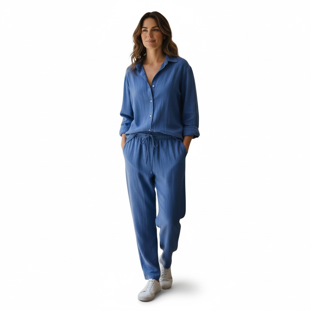 Jupiter Bmy Ltd Unisex Button-Down Top and Pants Set – Soft and lightweight textured, flexible for home and outdoor wear.