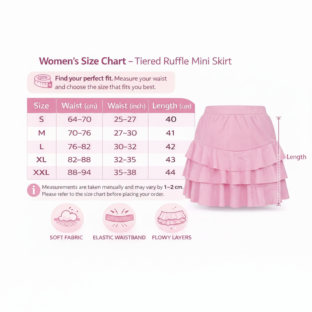 Pink tiered ruffle mini skirt shown on a size chart graphic for women's sizing, with waist measurements and length listed for sizes S through XXL, plus small feature icons for soft fabric, elastic waistband, and flowy layers.