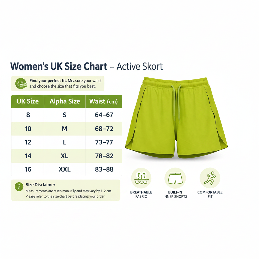 A women's UK size chart for active skort shorts, shown alongside a lime green pair of fitted shorts on a white background. The left side includes a size table from UK Size 8 to 16 with Alpha Size and waist measurements, plus small feature icons for breathable fabric, built-in inner shorts, and comfortable fit.