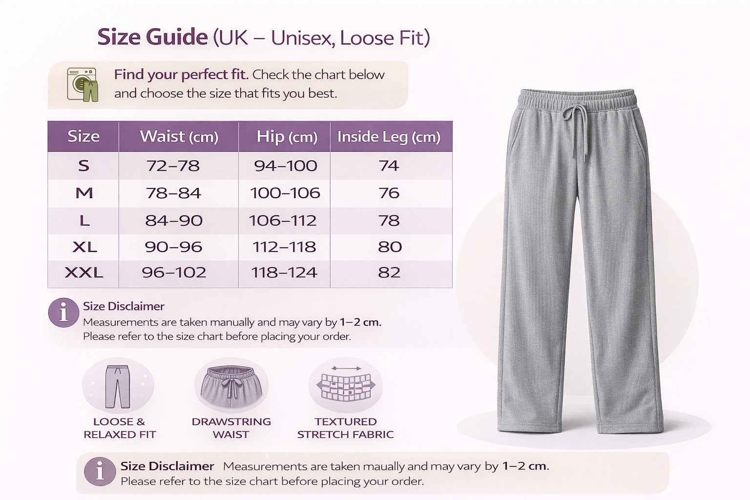 Jupiter Bmy Ltd Unisex Loose Fit Joggers Drawstring Trousers – Textured Stretch Fabric