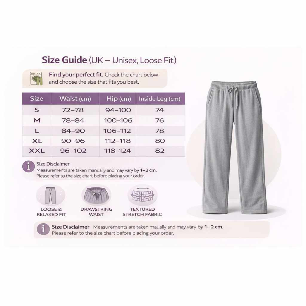 A size guide infographic for unisex, loose-fit lounge pants, showing a size table from S to XXL with waist, hip, and inside leg measurements, alongside a model wearing light gray drawstring pants and small feature icons for loose fit, drawstring waist, and textured stretch fabric.