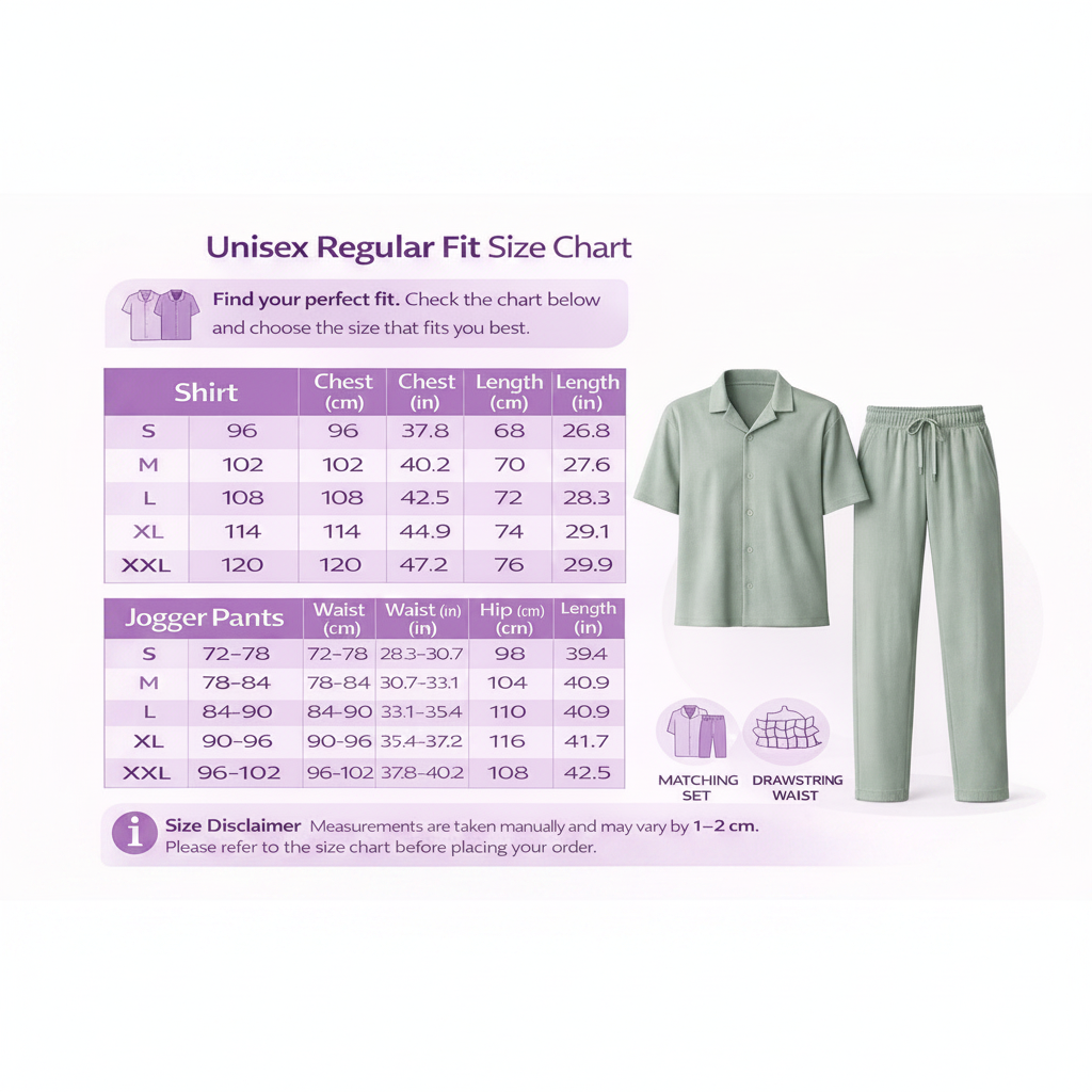 Jupiter Bmy Ltd Unisex Shirt & Jogger Pants Set – Waffle Fabric – Regular Fit – Minimal Style