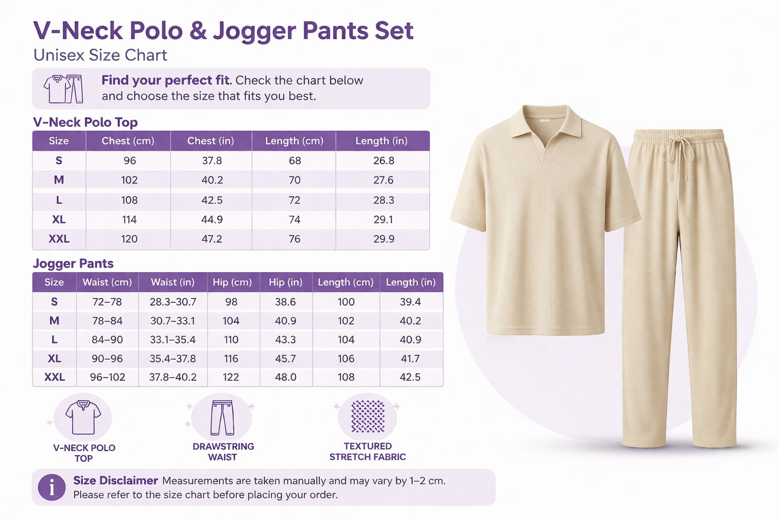 V-Neck Polo & Jogger Pants Set size chart with a plain background