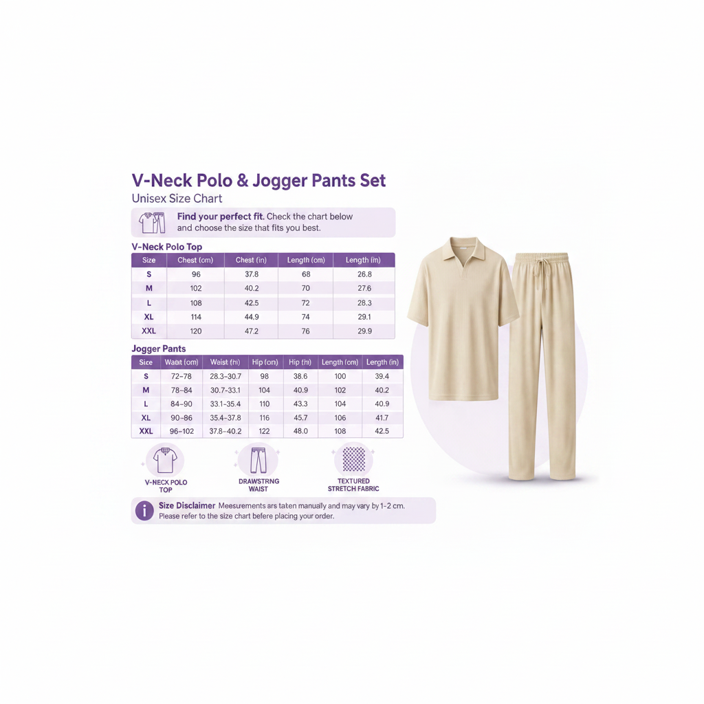 Jupiter Bmy Ltd Unisex V-Neck Polo & Jogger Pants Set – Lined Fabric – Regular Fit – Minimal Style
