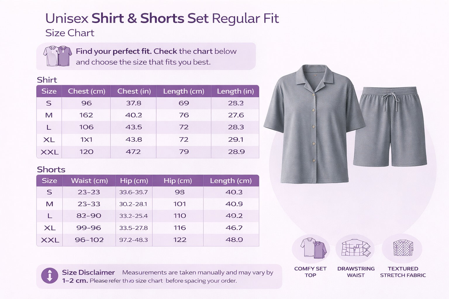 Unisex shirt and shorts set with size chart on a white background