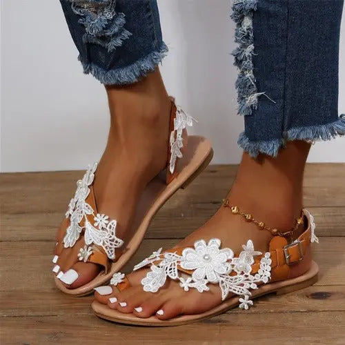 Lace Sandals Bohemia Beach Shoes Flowers Ankle Strap Flat Shoes - JUPITER BMY LTD