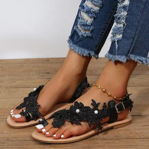 Lace Sandals Bohemia Beach Shoes Flowers Ankle Strap Flat Shoes - JUPITER BMY LTD