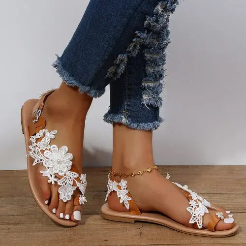 Lace Sandals Bohemia Beach Shoes Flowers Ankle Strap Flat Shoes - JUPITER BMY LTD