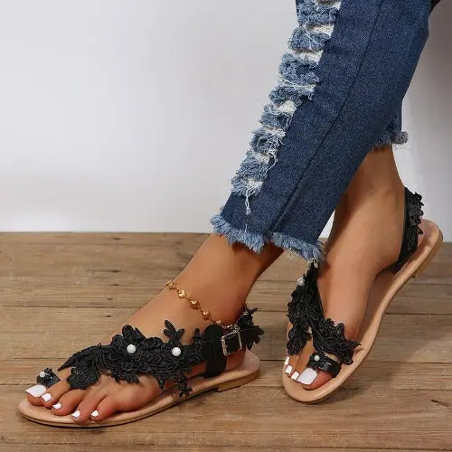 Lace Sandals Bohemia Beach Shoes Flowers Ankle Strap Flat Shoes - JUPITER BMY LTD