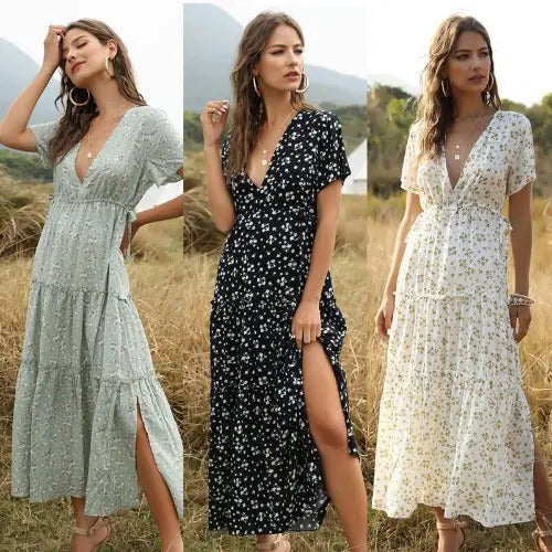 Long Dress Women Summer Boho Sexy Flowers Dress With V-neck - JUPITER BMY LTD