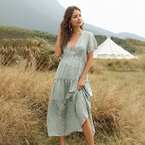 Long Dress Women Summer Boho Sexy Flowers Dress With V-neck - JUPITER BMY LTD