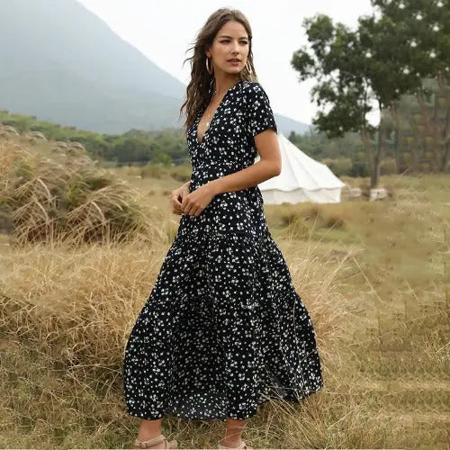 Long Dress Women Summer Boho Sexy Flowers Dress With V-neck - JUPITER BMY LTD