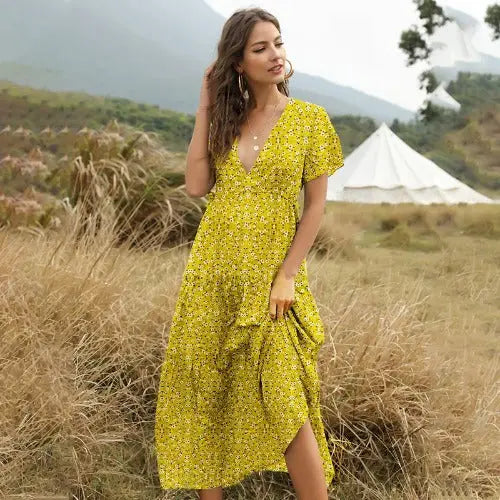 Long Dress Women Summer Boho Sexy Flowers Dress With V-neck - JUPITER BMY LTD