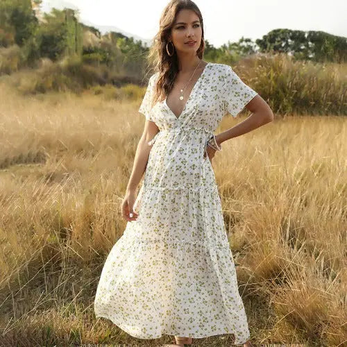 Long Dress Women Summer Boho Sexy Flowers Dress With V-neck - JUPITER BMY LTD