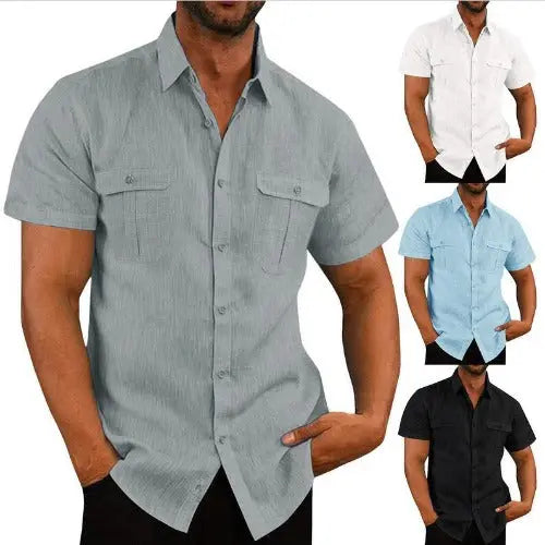 Men's Button Short Sleeve Shirt Summer Casual Double Pocket Wide Collar Beach Shirt Summer - JUPITER BMY LTD