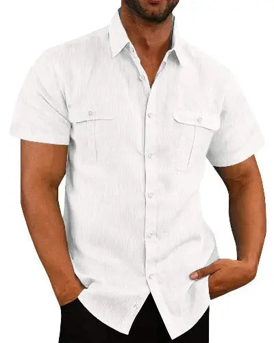 Men's Button Short Sleeve Shirt Summer Casual Double Pocket Wide Collar Beach Shirt Summer - JUPITER BMY LTD