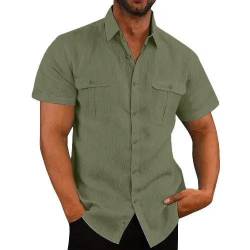 Men's Button Short Sleeve Shirt Summer Casual Double Pocket Wide Collar Beach Shirt Summer - JUPITER BMY LTD