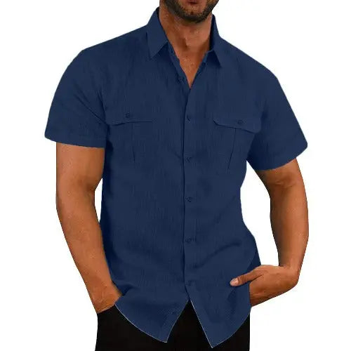 Men's Button Short Sleeve Shirt Summer Casual Double Pocket Wide Collar Beach Shirt Summer - JUPITER BMY LTD