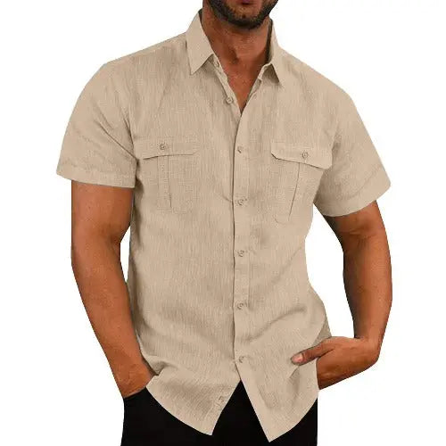 Men's Button Short Sleeve Shirt Summer Casual Double Pocket Wide Collar Beach Shirt Summer - JUPITER BMY LTD