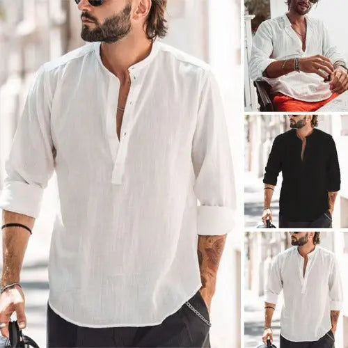 Men's Casual Stand-up Collar Door Barrel Solid Color Long-sleeved Shirt - JUPITER BMY LTD