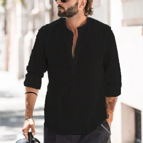 Men's Casual Stand-up Collar Door Barrel Solid Color Long-sleeved Shirt - JUPITER BMY LTD